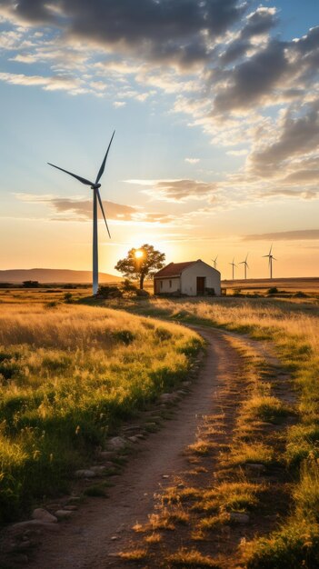 Foto uma única turbina eólica está no meio de um campo criado com ia gerativa