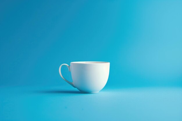 Uma única xícara de café branca contra um fundo azul sólido