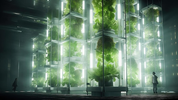 uma unidade vertical de cultivo de alface em um prédio no estilo desfocado