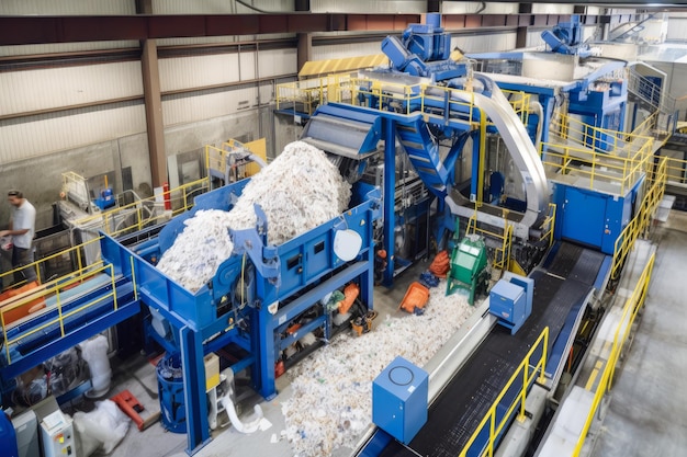 Uma usina de reciclagem de plástico com trabalhadores operando equipamentos para classificar
