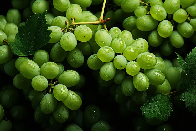 Foto uma uva verde fresca retrata um fundo sem costuras adornado com gotas de chuva brilhantes de água