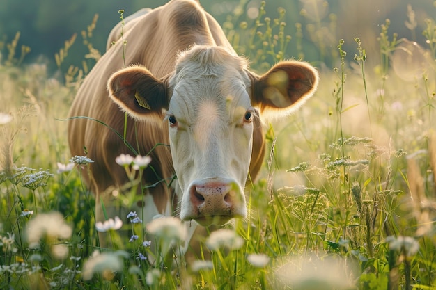 Uma vaca a pastar grama verde.