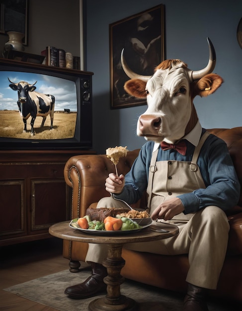 uma vaca antropomórfica jantando na mesa no sofá perto da TV