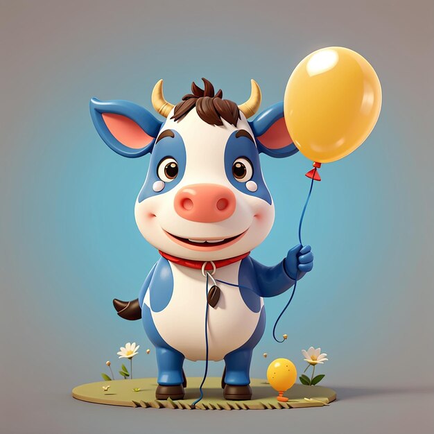 uma vaca azul e branca com um balão e um balão amarelo