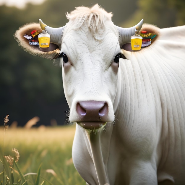 Uma vaca branca com etiquetas nas orelhas está parada em um campo.
