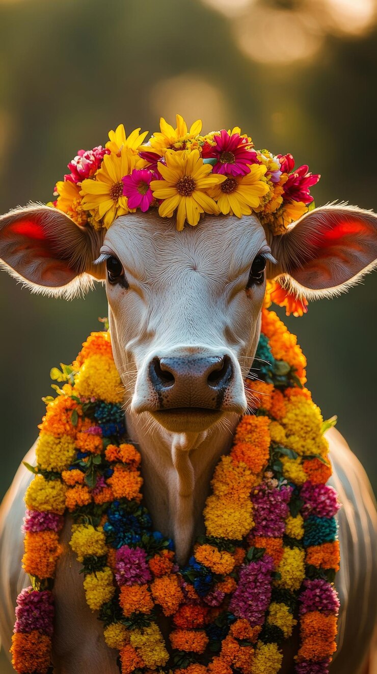 Foto uma vaca branca usando guirlandas florais e coroas de flores na índia rural makar sankranti bandeira vertical