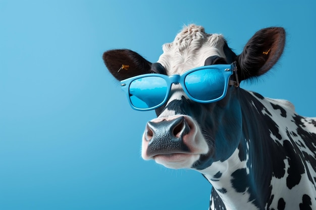Uma vaca brincalhona usando óculos de sol posa contra um fundo azul de estúdio Generative AI