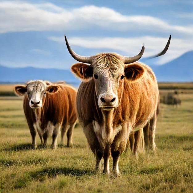 Foto uma vaca com chifres que está de pé em um campo