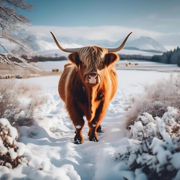uma vaca com chifres que está de pé na neve