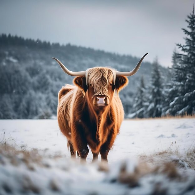 uma vaca com chifres que está de pé na neve