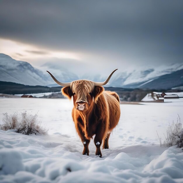 uma vaca com chifres que está de pé na neve