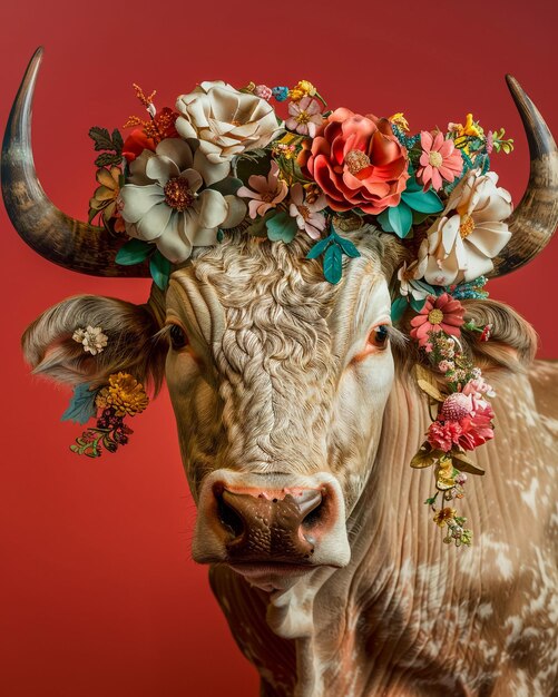 uma vaca com flores na cabeça é mostrada com um fundo vermelho