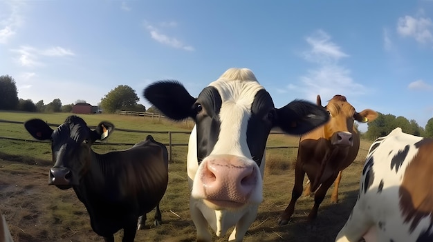 Uma vaca com nariz rosa está parada em um campo.