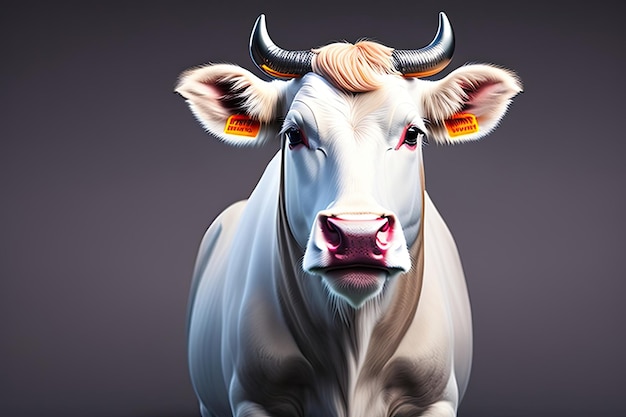 Uma vaca com rosto preto e branco tem uma marca na orelha isolada no fundo branco