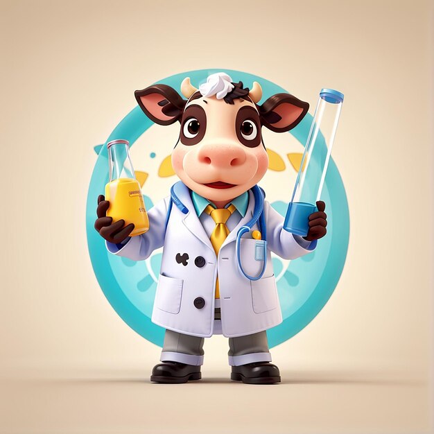 uma vaca com um casaco de laboratório e um estetosco na mão