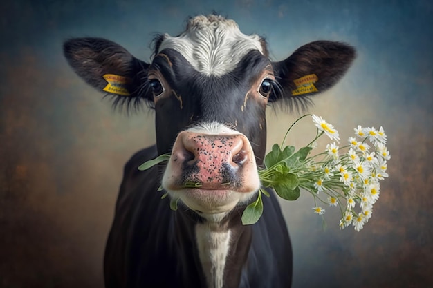 Uma vaca com um ramo de flores na boca