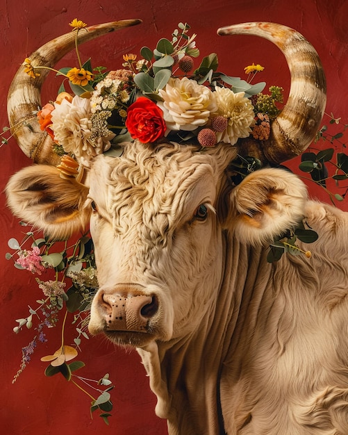 Foto uma vaca com uma coroa de flores na cabeça é mostrada