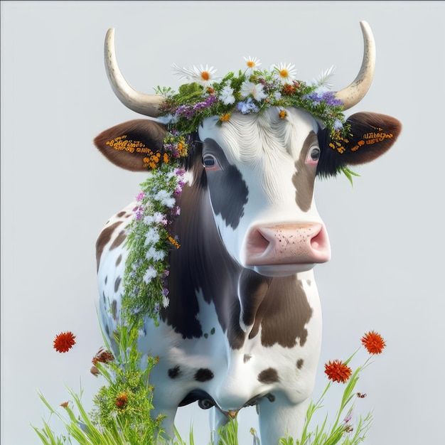 Foto uma vaca com uma coroa de flores na cabeça está usando uma coroa de flores.