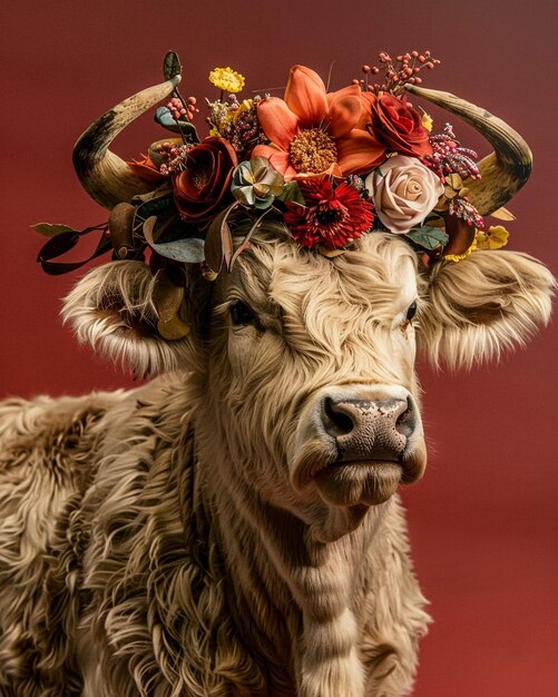 uma vaca com uma coroa de flores na cabeça está usando uma coroa