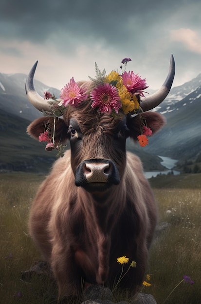 Foto uma vaca com uma coroa de flores na cabeça