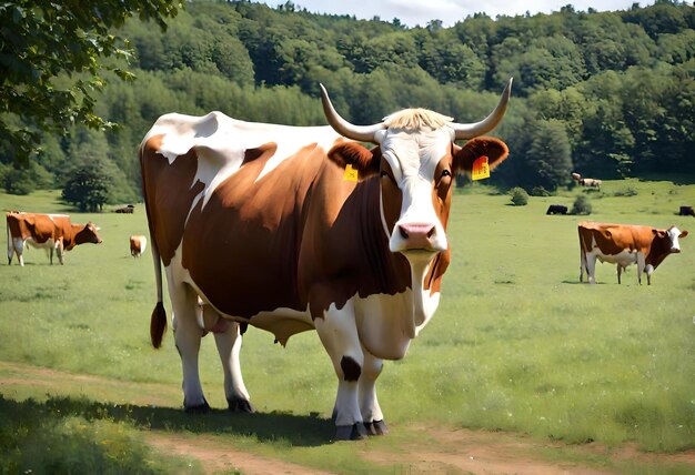 uma vaca com uma etiqueta na orelha está de pé num campo com outras vacas