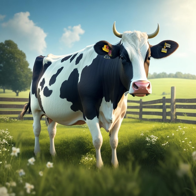 Uma vaca com uma etiqueta na orelha está parada em um campo de grama.