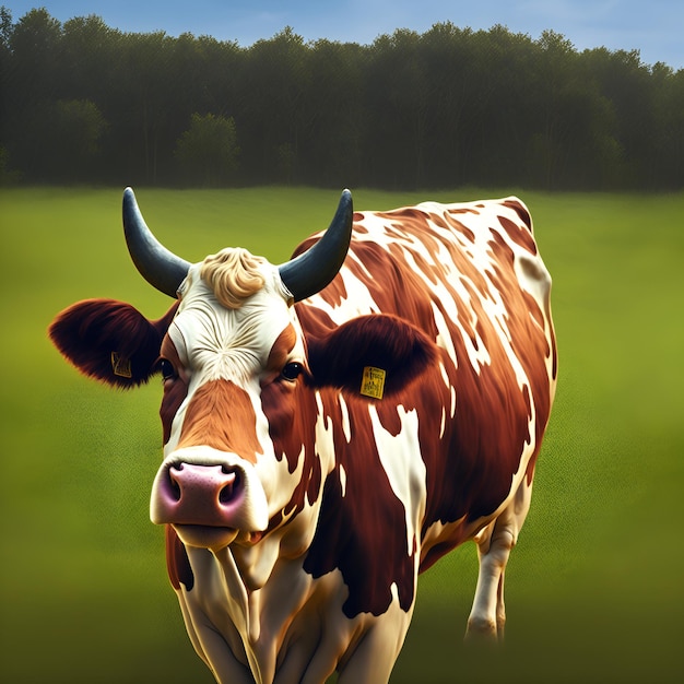 Uma vaca com uma etiqueta na orelha está parada em um campo.