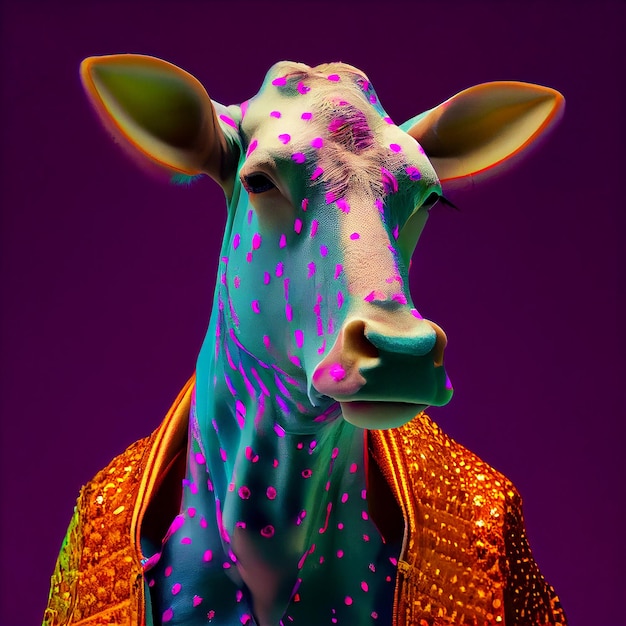 Uma vaca com uma jaqueta que diz 'cow' on it