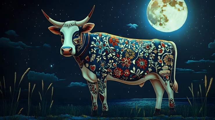 Foto uma vaca com uma lua cheia atrás dela e a lua no fundo