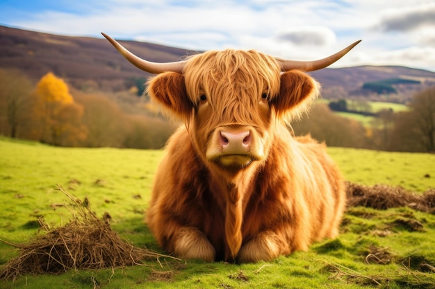 Uma vaca das montanhas da Escócia em um campo verde