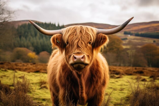 Uma vaca das montanhas da Escócia em um campo verde