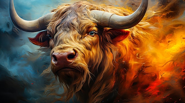 Uma vaca das terras altas em chamas Uma pintura dramática e artística de animais selvagens peludos com grandes chifres