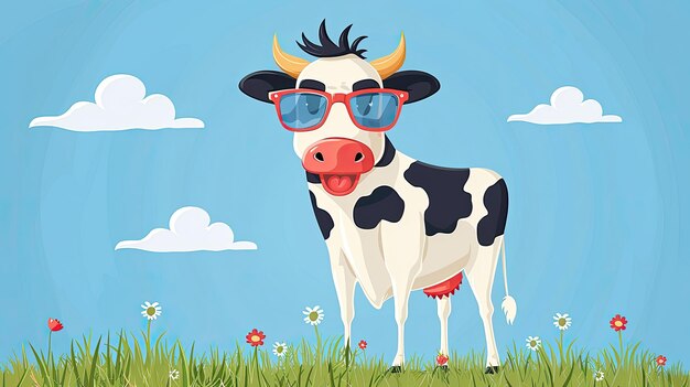Uma vaca de desenho animado está usando óculos de sol e de pé em um campo