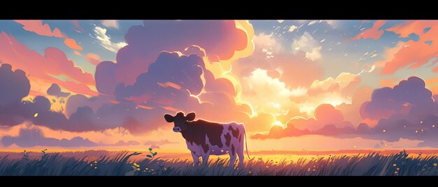 uma vaca de pé em um campo com um pôr-do-sol no fundo