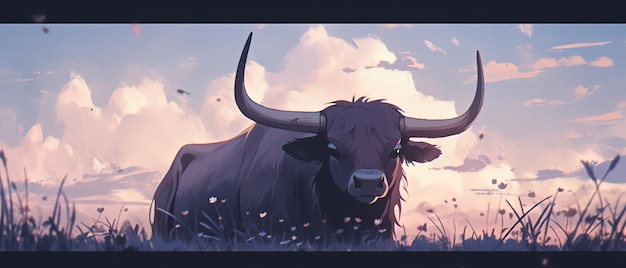 uma vaca de pé num campo com um céu nublado