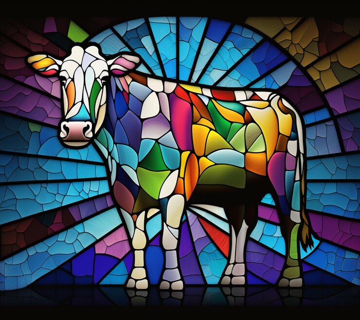 Foto uma vaca é pintada com cores multicoloridas e tem um padrão colorido.