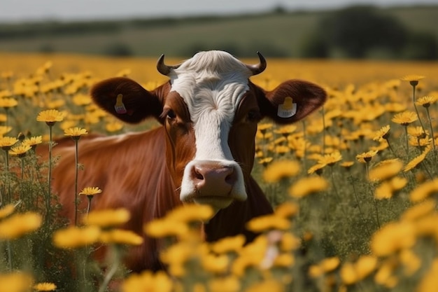 Uma vaca em um campo de flores