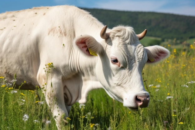 Uma vaca em um campo de flores