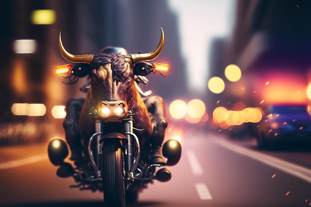 Uma vaca em uma motocicleta está acelerando pelas ruas noturnas da cidade grande entre carros Generative AI