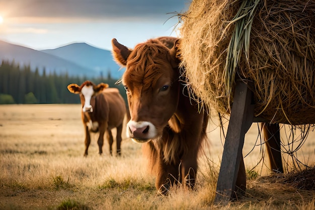 Uma vaca está em um campo com um fardo de feno ao fundo.