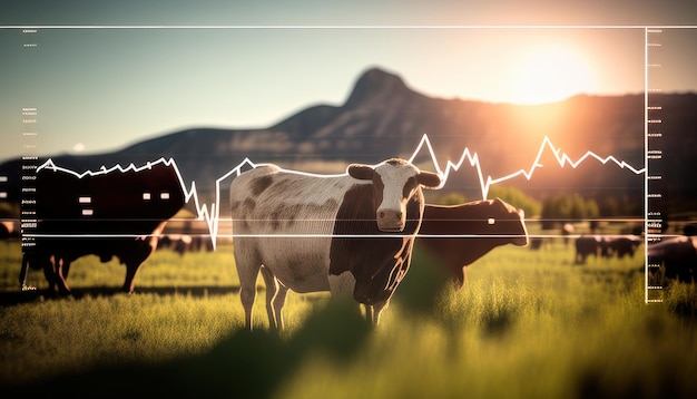 Uma vaca está parada em um campo com um gráfico mostrando o mercado de ações ao fundo.