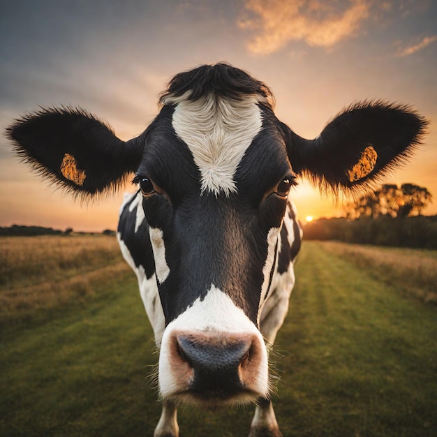 Uma vaca holandesa em um prado gramado olhando para a câmera