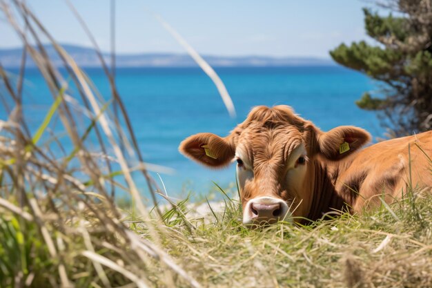 Foto uma vaca marrom deitada na grama