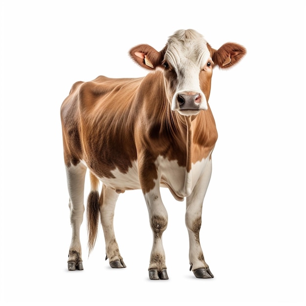Uma vaca marrom e branca com fundo branco e a palavra vaca no fundo