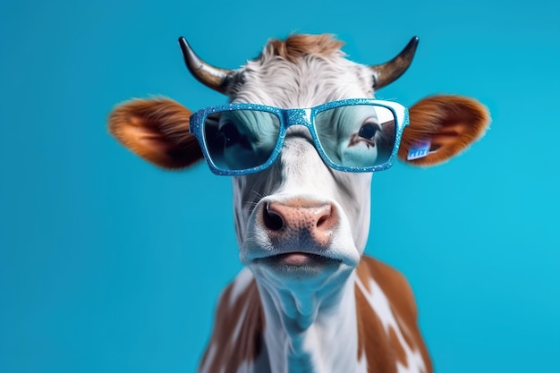 Uma vaca marrom e branca usando óculos escuros em um fundo azul Imagem generativa de IA