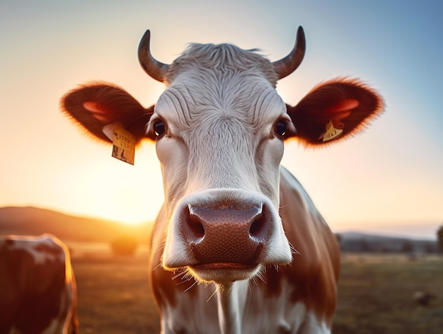 Uma vaca num campo com o sol a pôr-se atrás dela