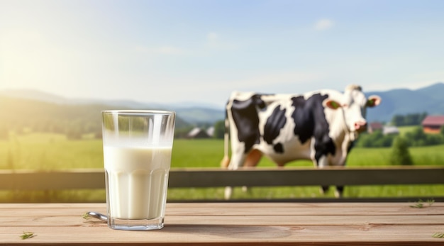 Uma vaca perto de uma mesa de madeira com um copo de leite contra o fundo de um campo Generative AI