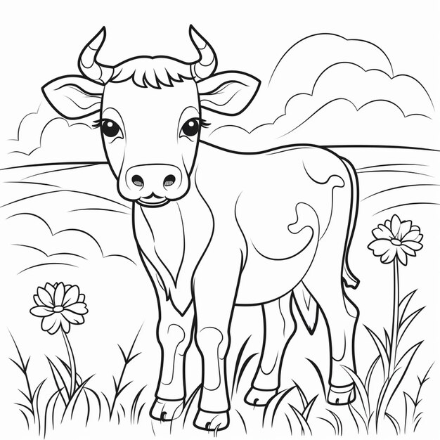 Foto uma vaca preta e branca de pé em um campo com flores generativas ai