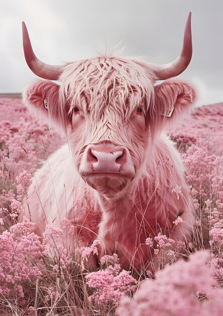 Uma vaca rosa com chifres repousa entre flores rosas em um campo sob o céu