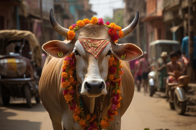 uma vaca usando uma guirlanda de flores na cabeça